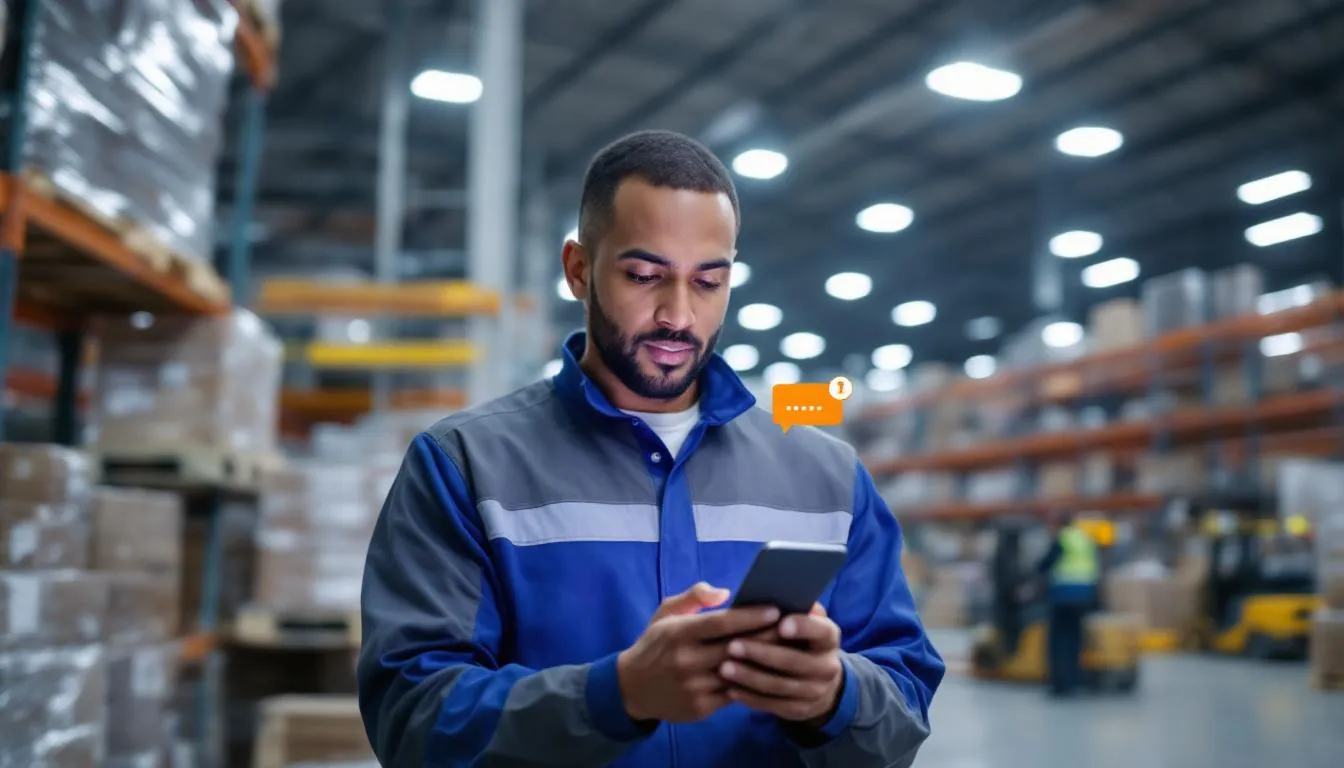 An employee in a warehouse environment is using a mobile device to access an AI-powered HR chatbot, seeking instant answers to employee questions about company policies and workplace safety. This interaction enhances the employee experience by providing immediate access to relevant information and supporting HR teams in managing employee engagement and satisfaction.