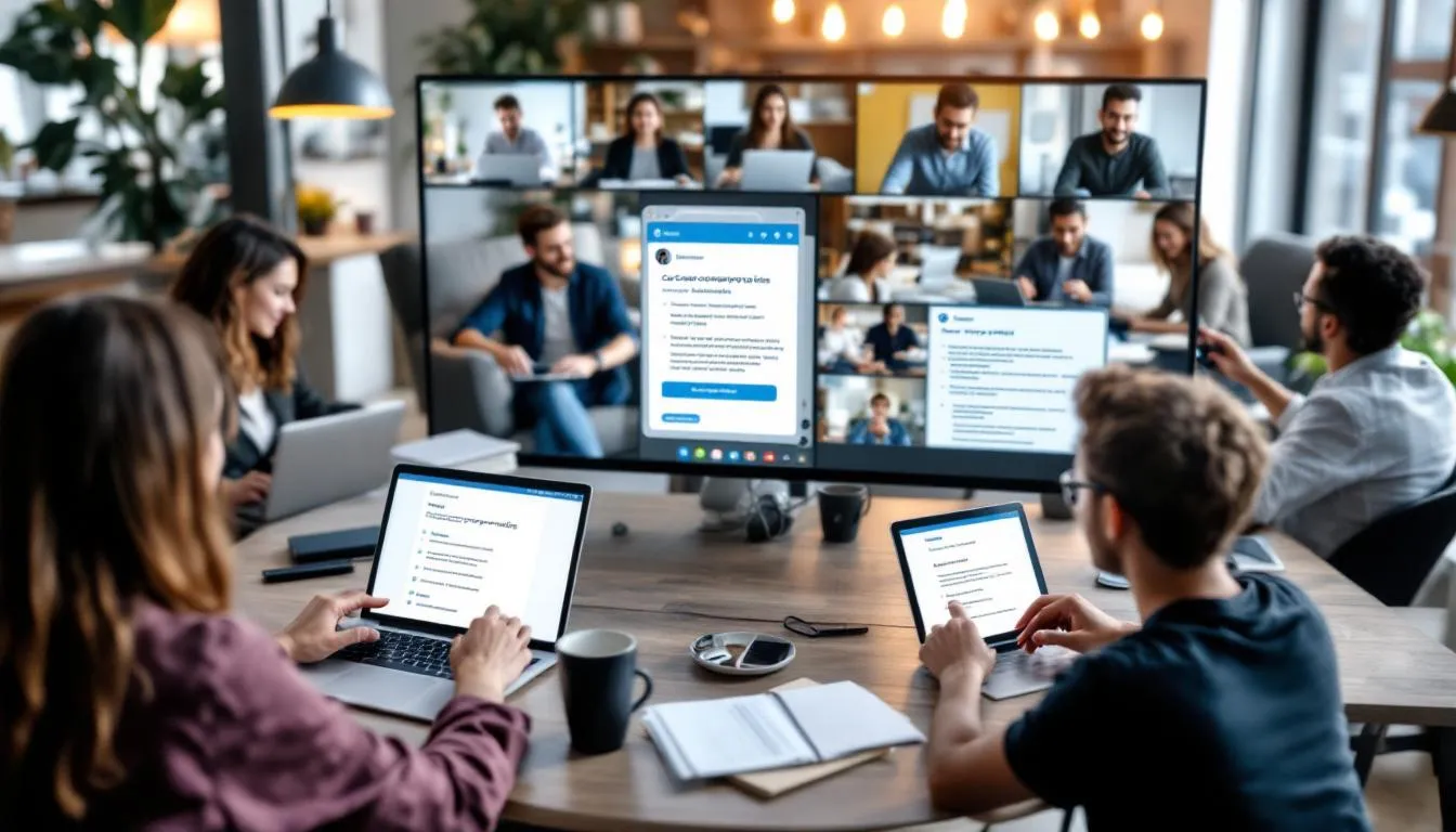 A diverse group of remote team members from various time zones is seen accessing company policies through an AI-powered HR chatbot on different devices, showcasing the employee experience and instant access to essential information. This image highlights the importance of employee self-service in improving HR team's productivity and engagement while ensuring compliance with workplace safety regulations.