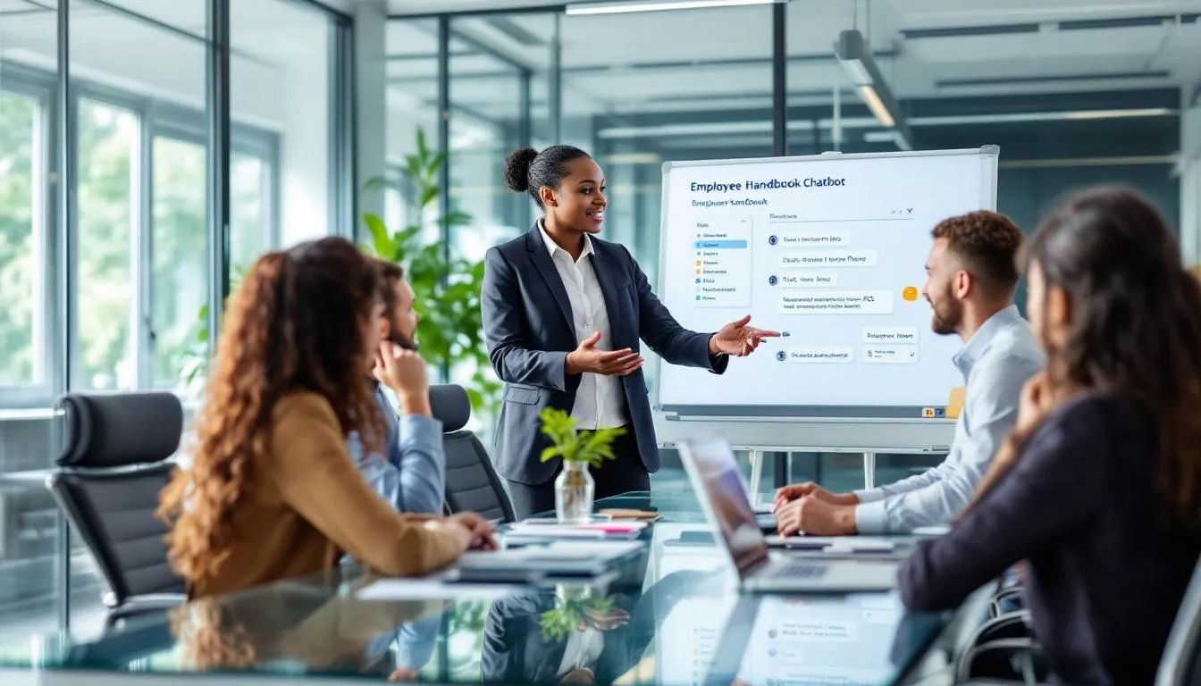 An HR professional is showcasing an employee handbook chatbot on a laptop to a diverse team in a modern office setting, emphasizing how the AI-powered HR chatbot can provide instant access to company policies, employee benefits, and answers to frequently asked questions, enhancing the employee experience and engagement. The team appears engaged and interested in how this tool can streamline HR-related tasks and improve workplace satisfaction.